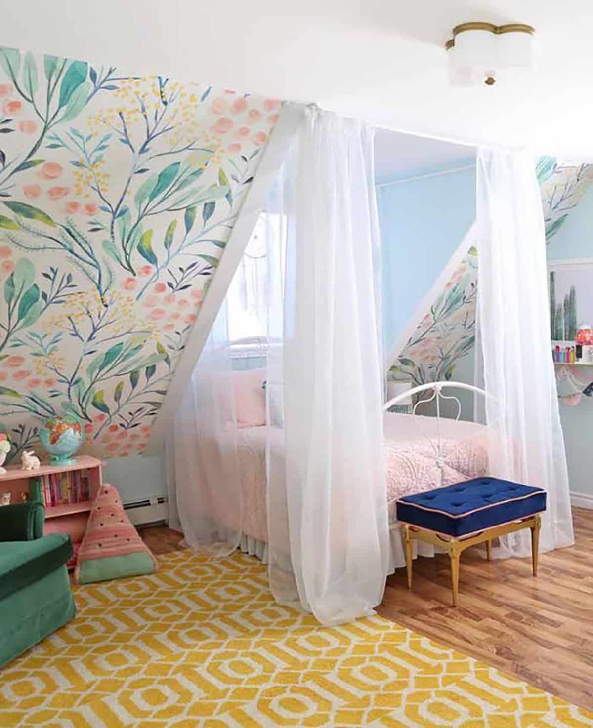 colorful wallpaper on slanted wall