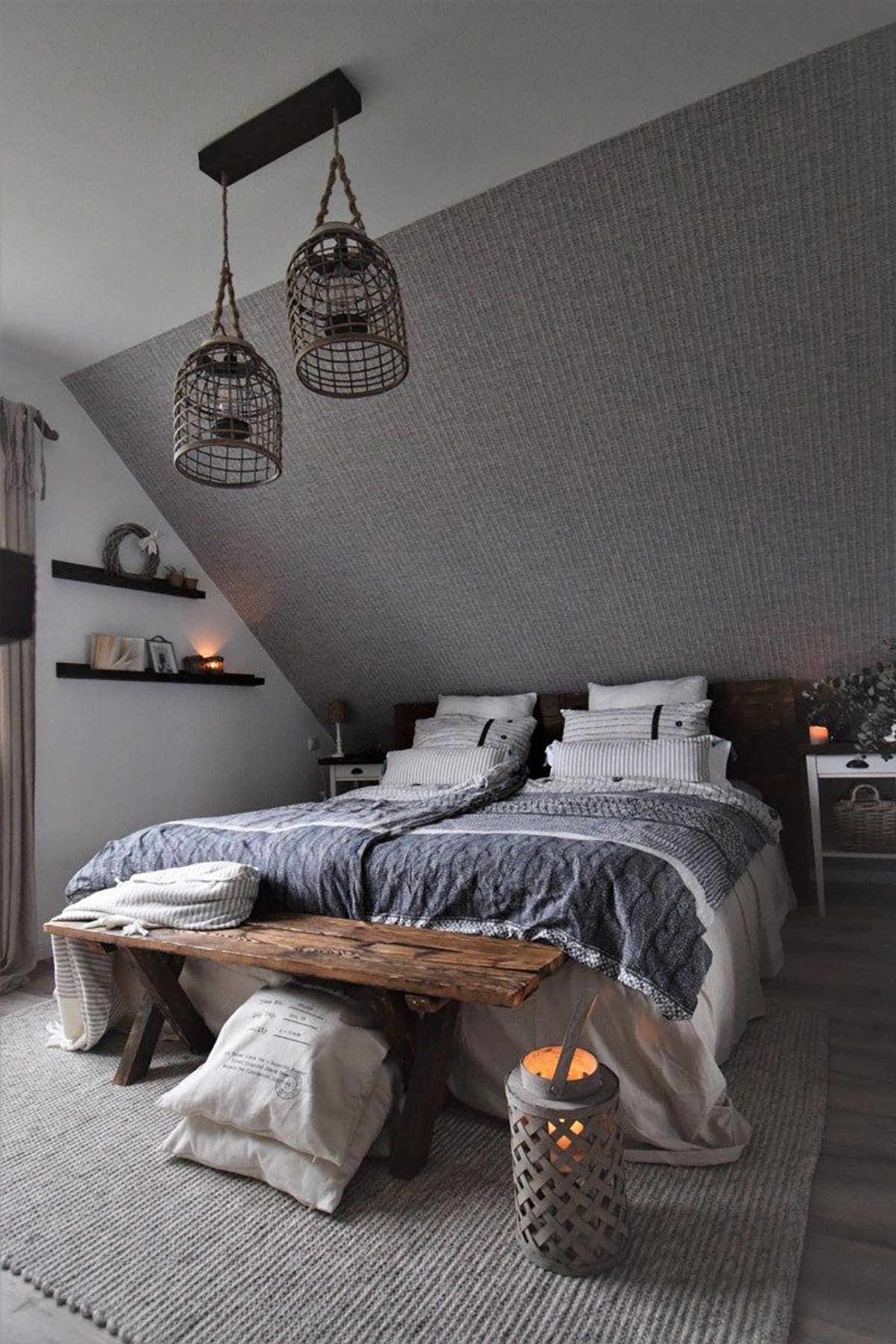 How to Decorate a Slanted Wall in a Bedroom - gray carpet as decor for slanted walls