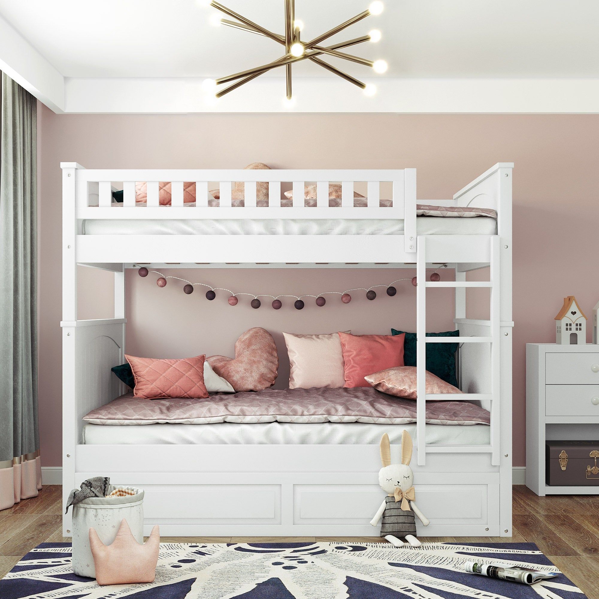 white and pink bedroom design with aesthetic bunk beds