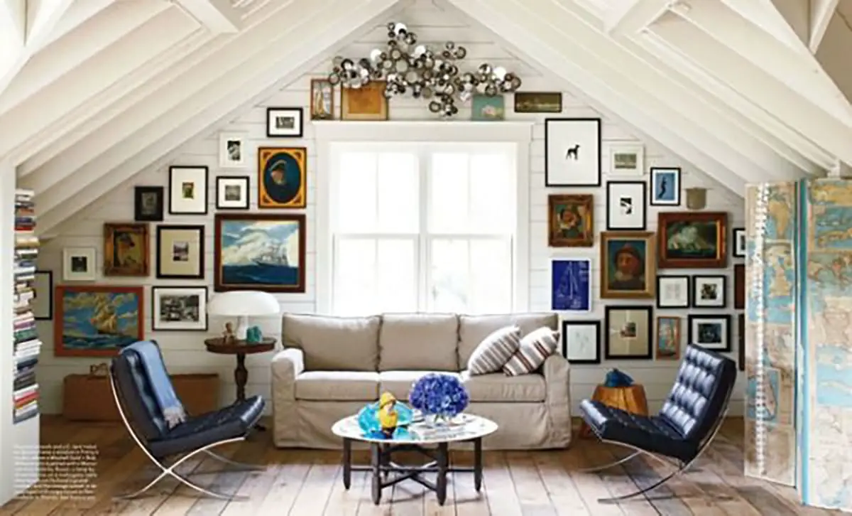 gallery wall on a slanted wall bedroom