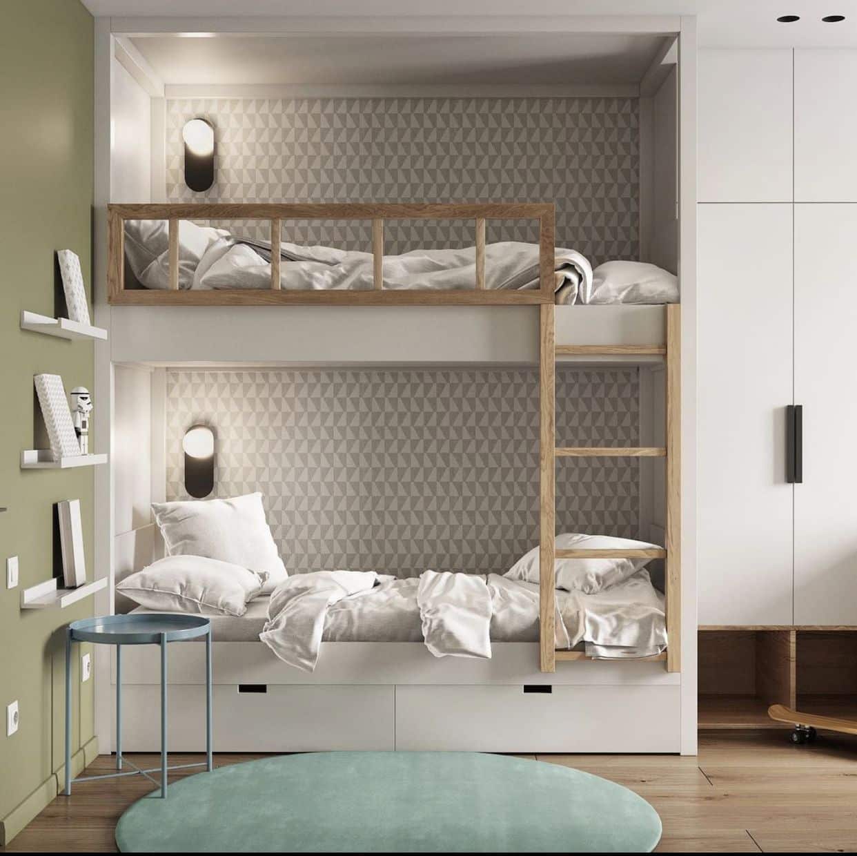 neutral colored bedroom design with aesthetic bunk beds