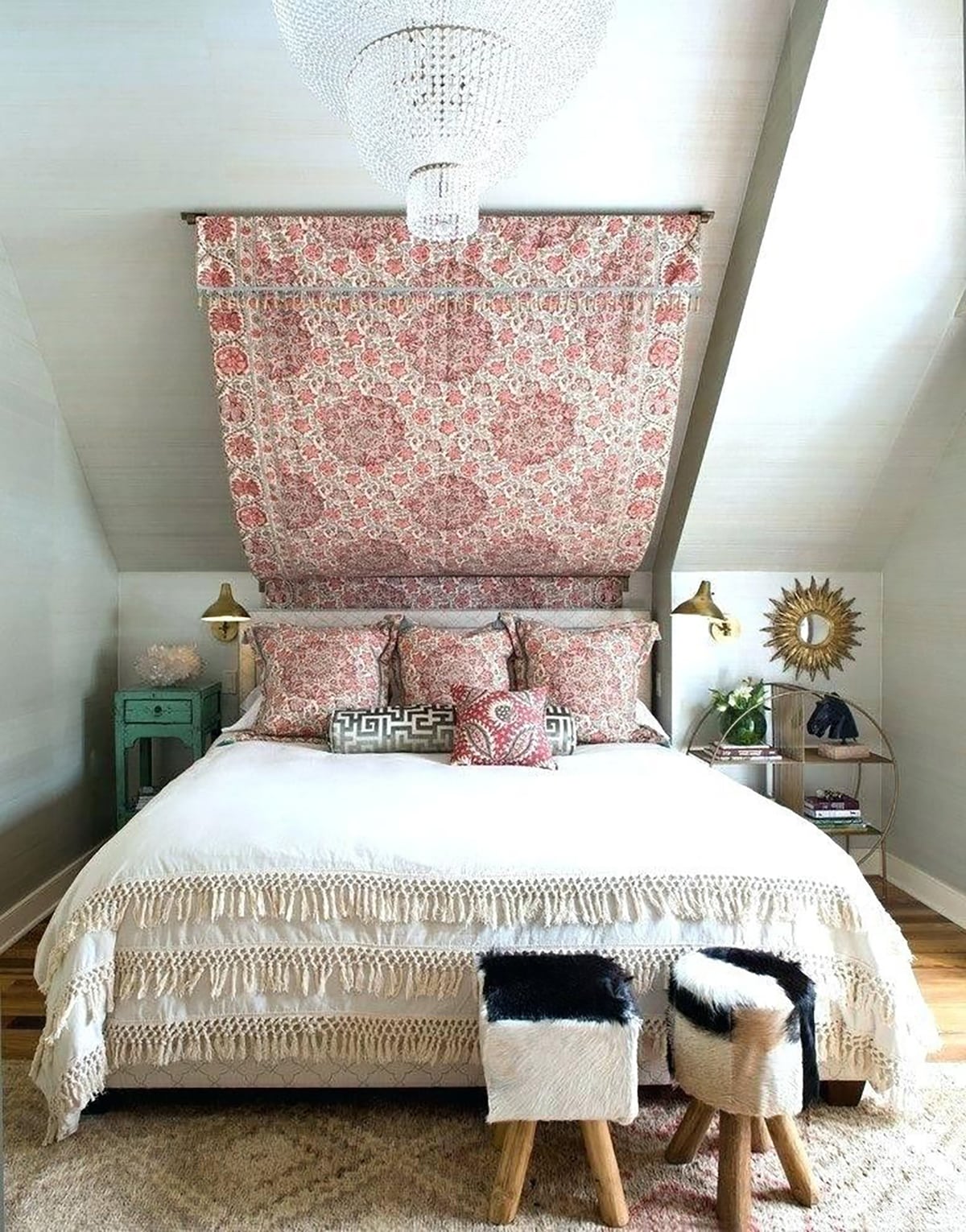 tapestries hanging from a slanted wall bedroom