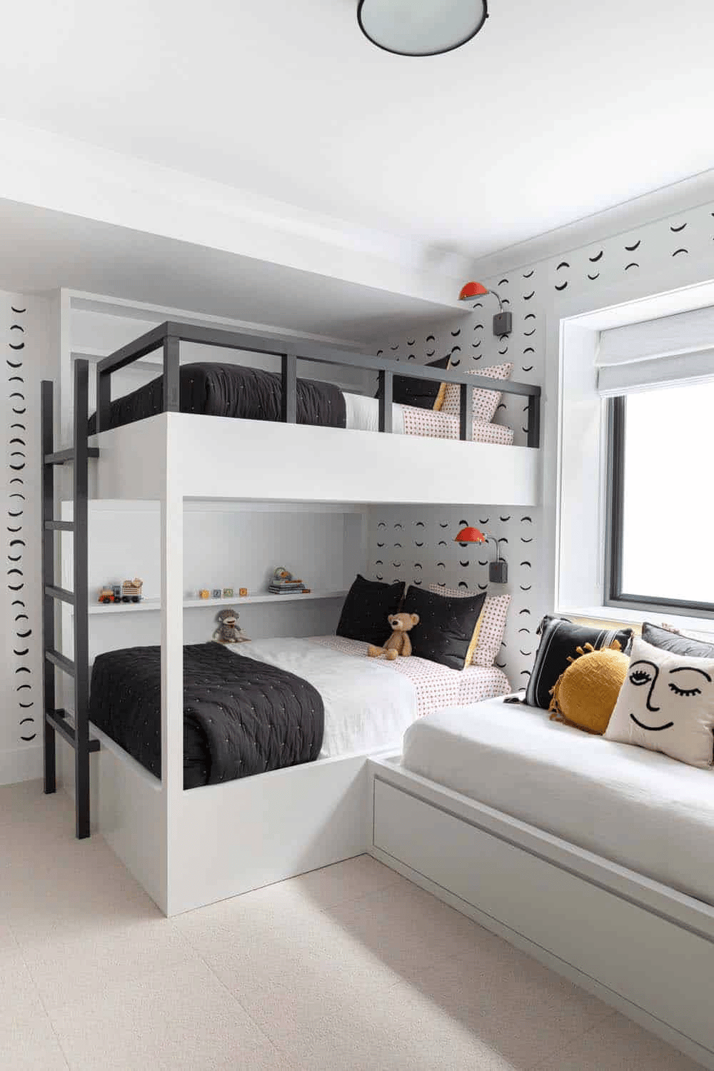 black and white bedroom design with mustard accents with aesthetic bunk beds