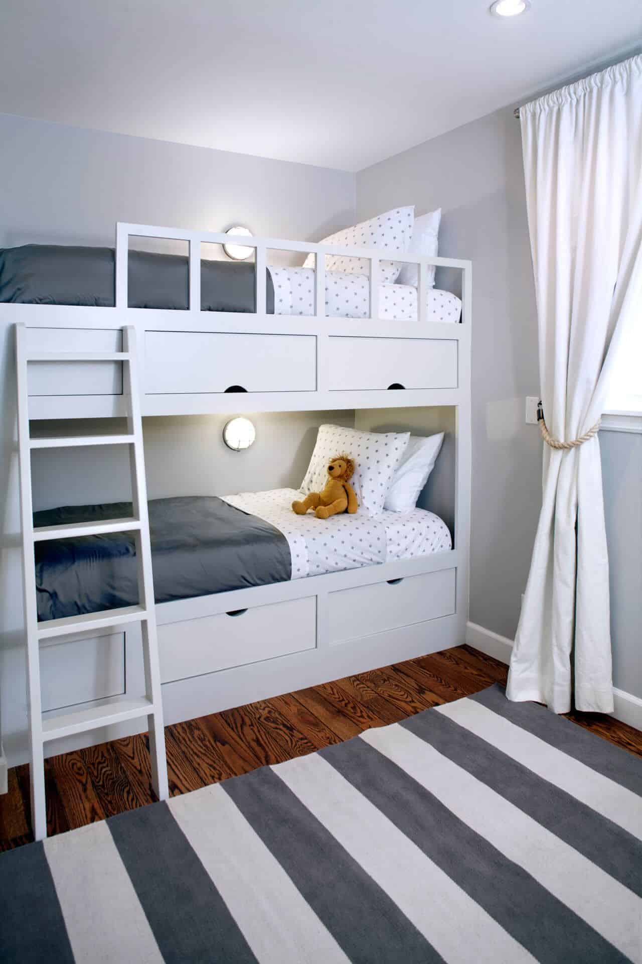 gray and white bedroom with aesthetic bunk beds