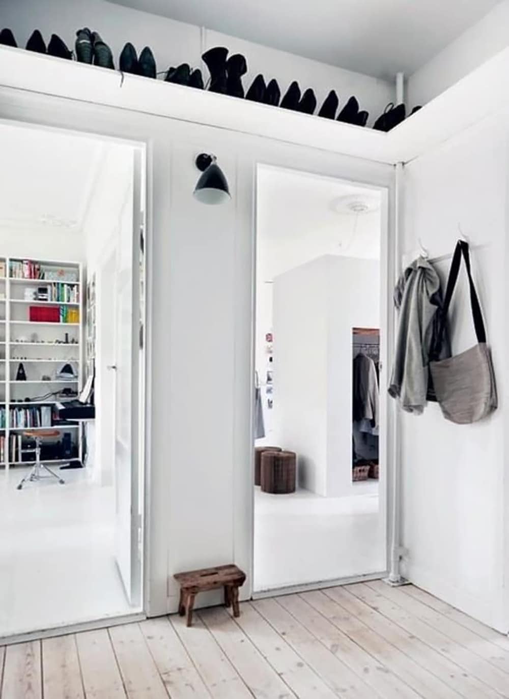 black shoes above door shelf