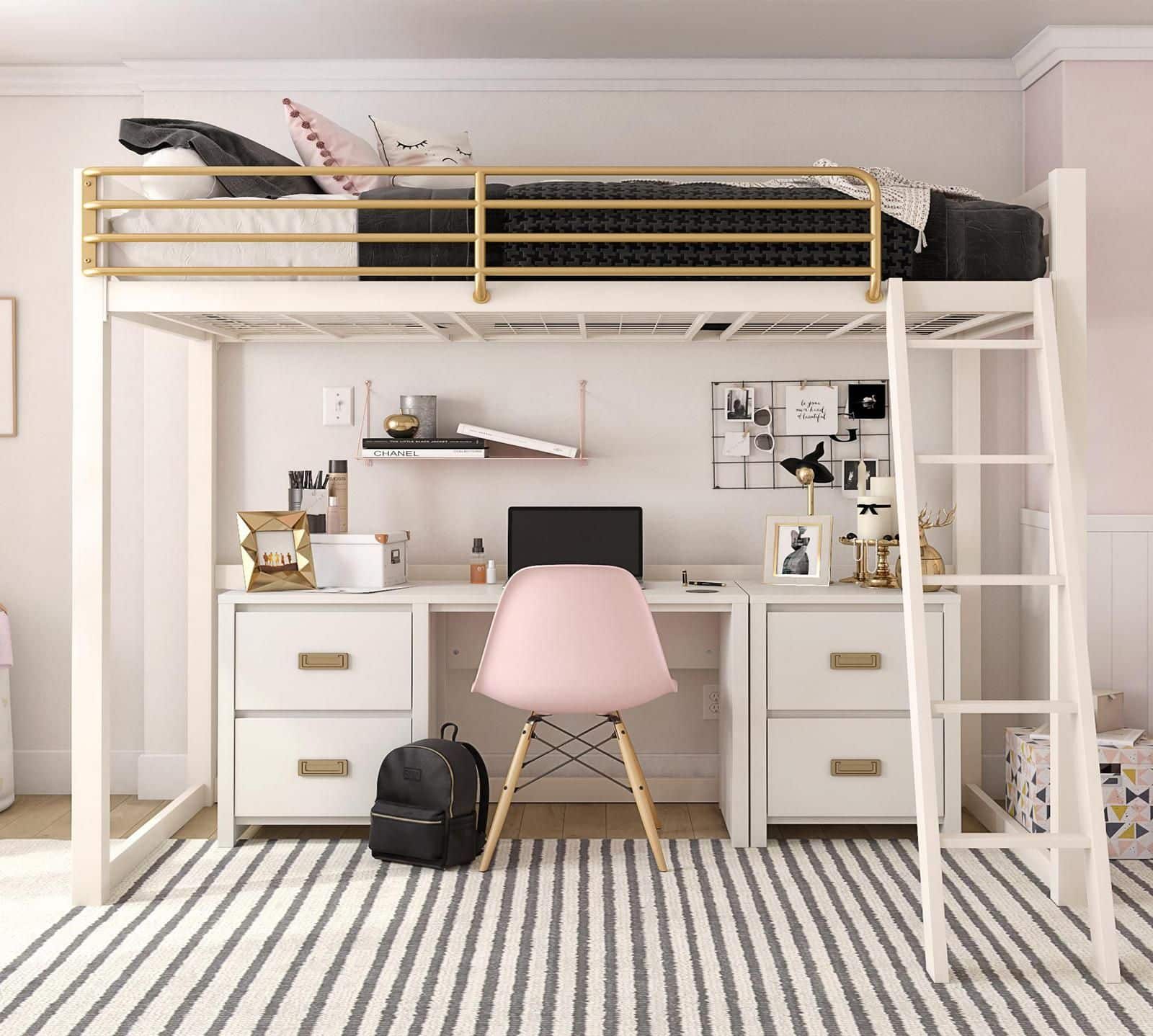 white bedroom design with pink and brass accents with aesthetic bunk beds