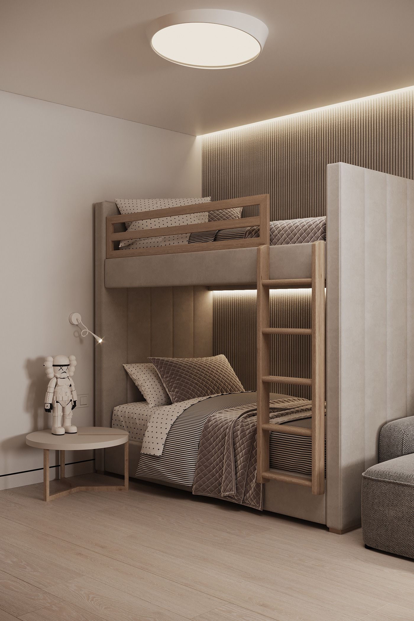 light neutral bedroom design with aesthetic bunk beds