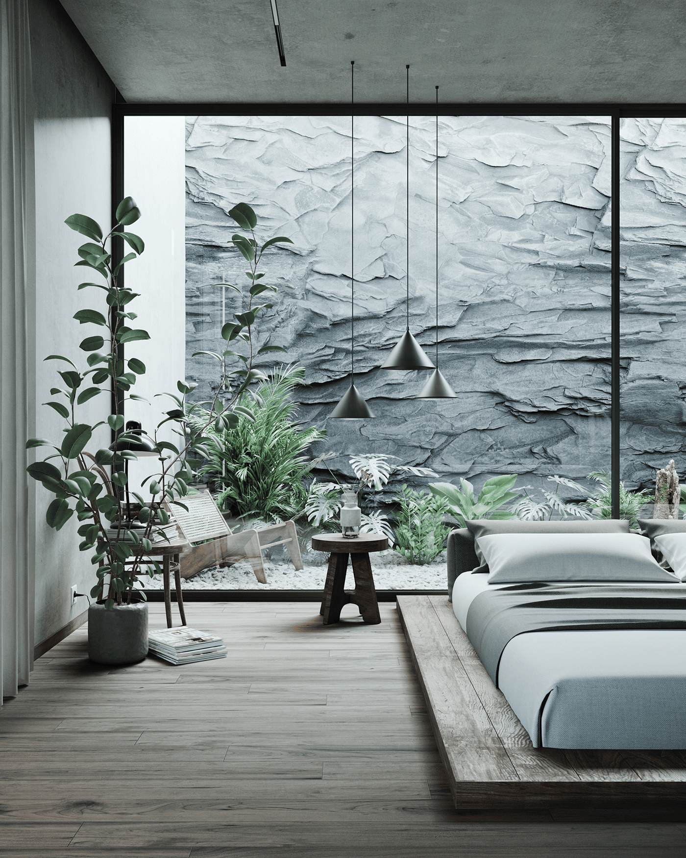Keep the bedroom floors clear of clutter to open up the room.
