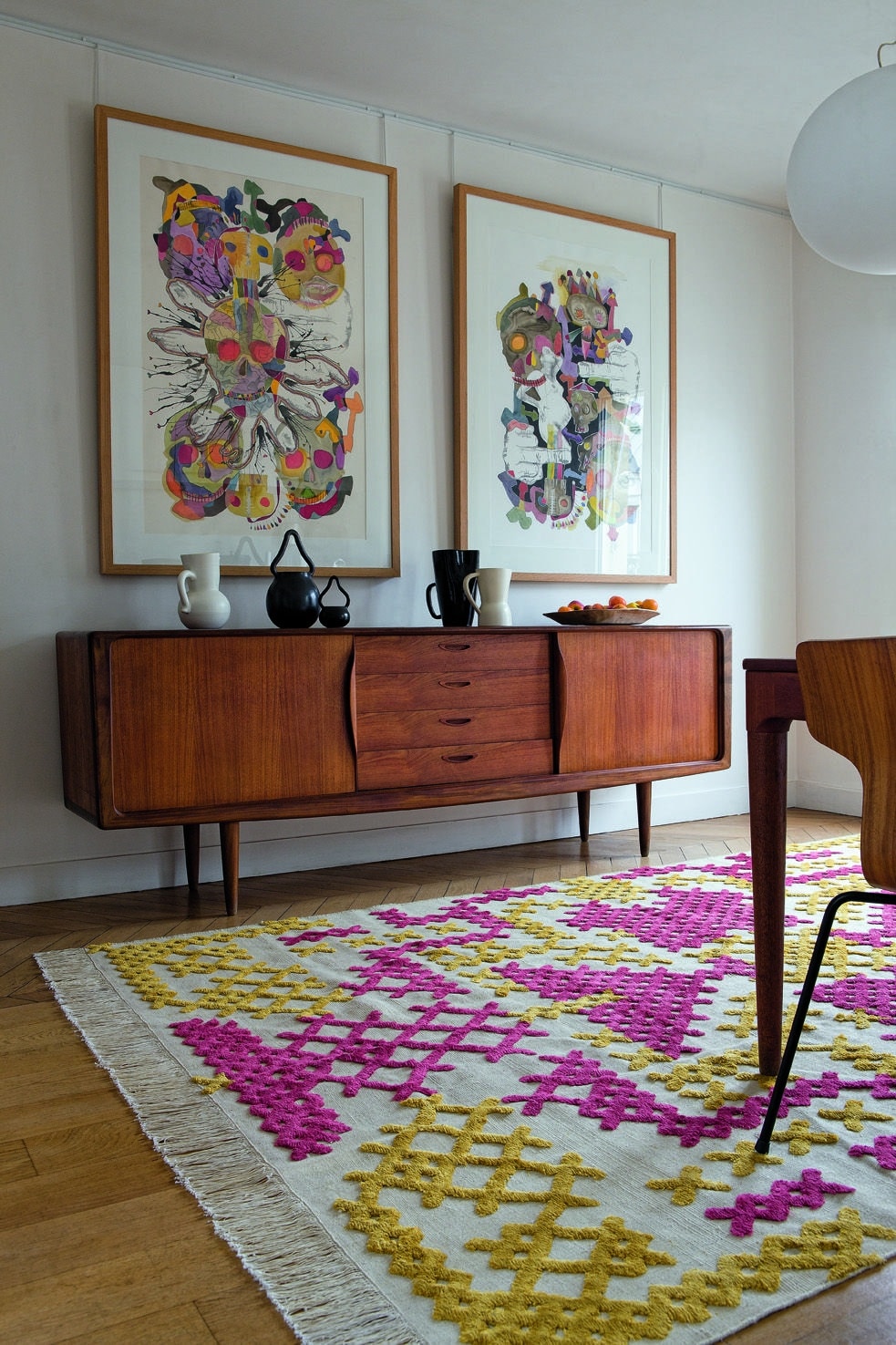 Use a Colorful Rug by the Credenza to add interest to the room