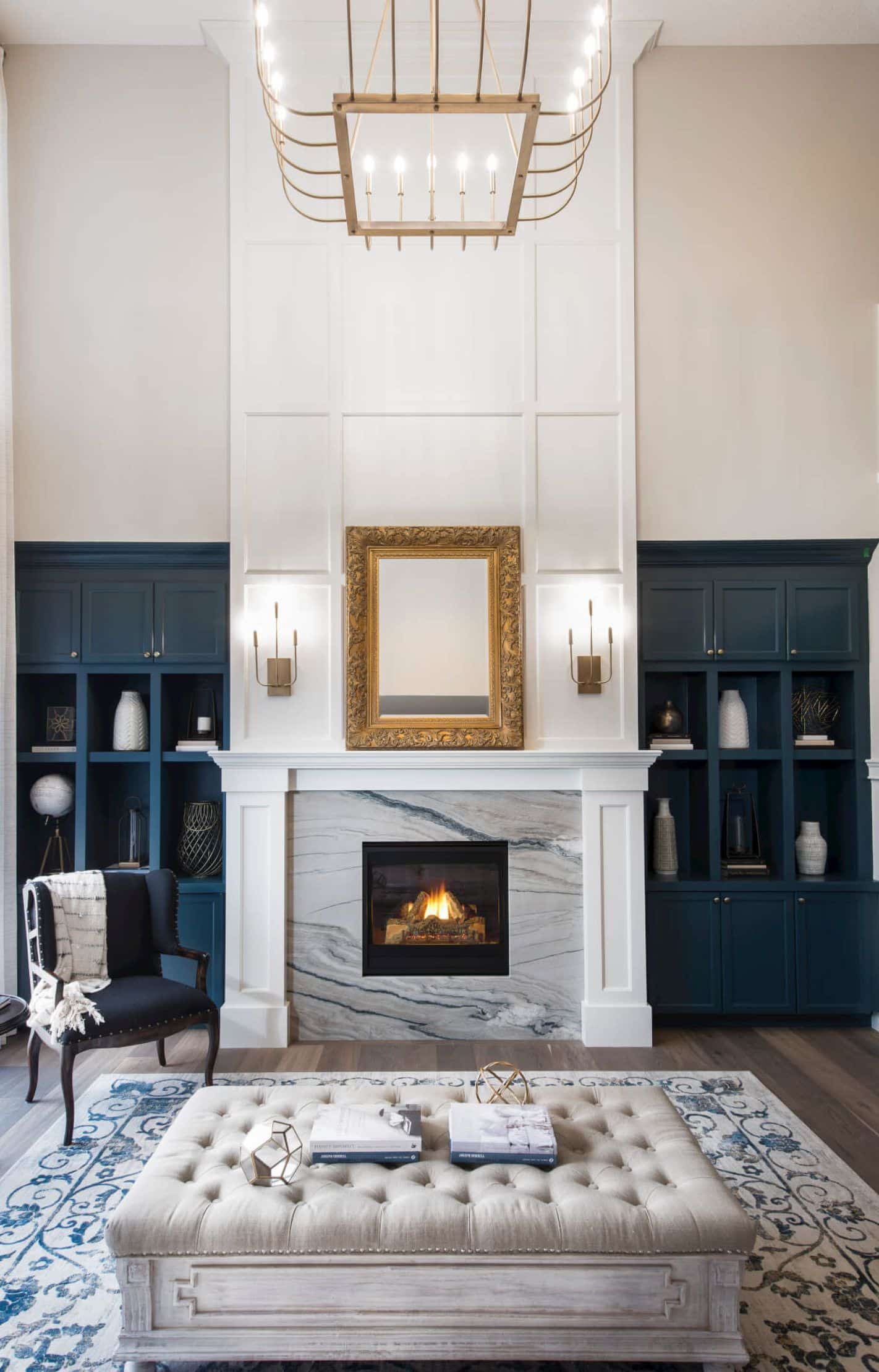 Use different colors and textures to create visual interest on two-story walls.
