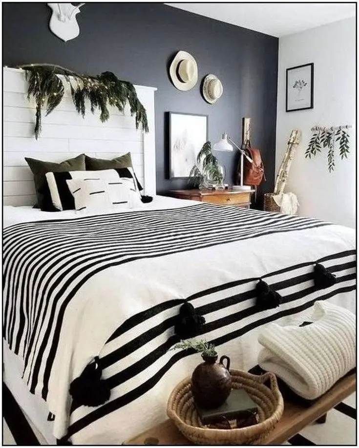 Drape it over the back of your headboard to add a touch of color with bright or patterned throw blankets.