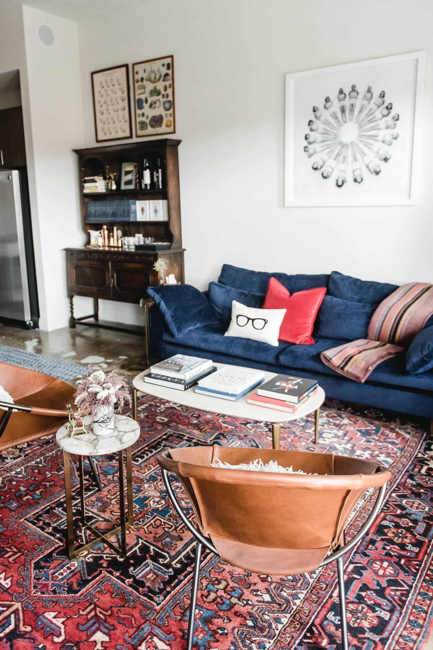 Go for a color scheme that has contrasting hues to your orange floors, such as light blue walls.