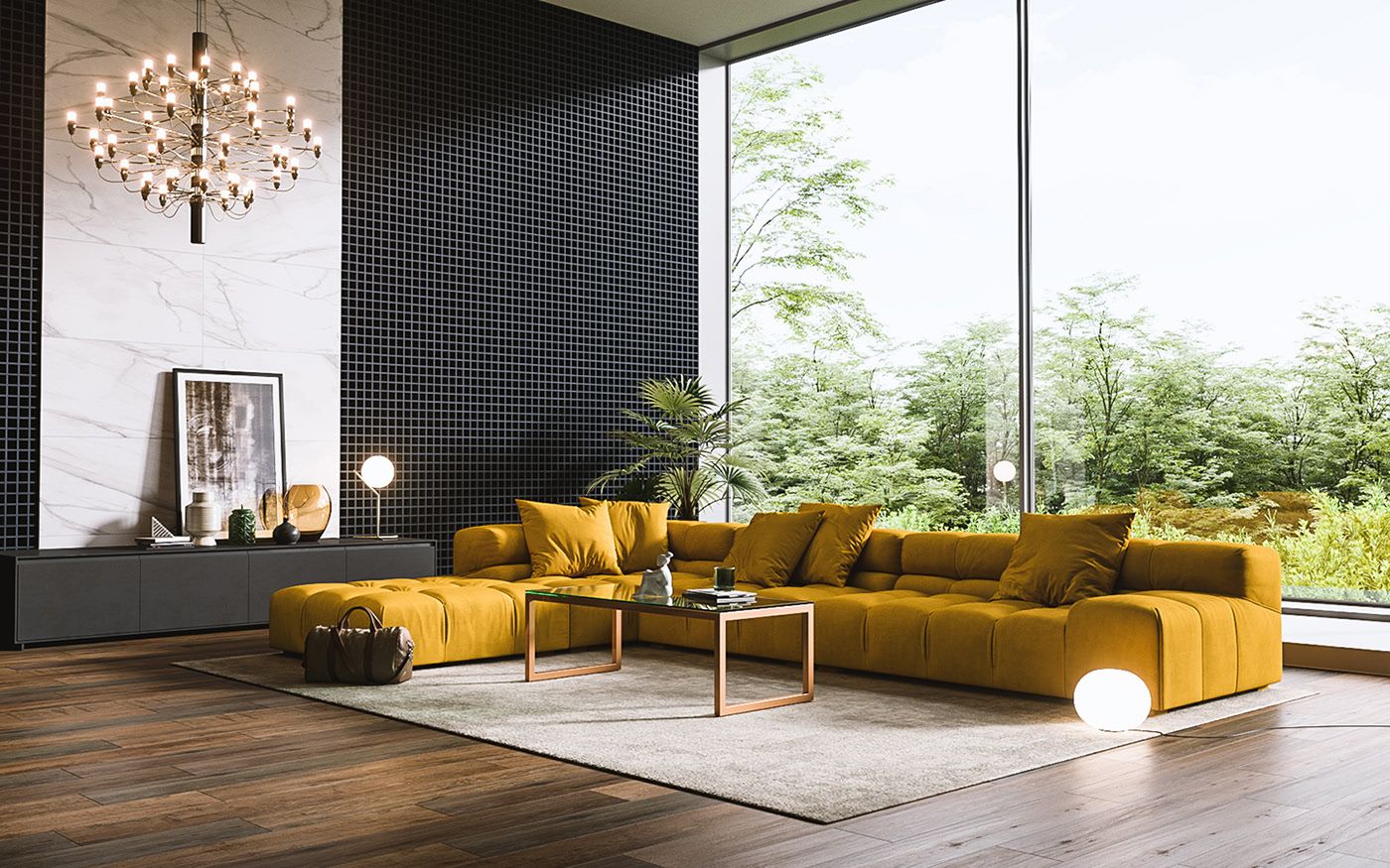 Layer your lighting with various levels of brightness to set the perfect ambiance for your gold couch.