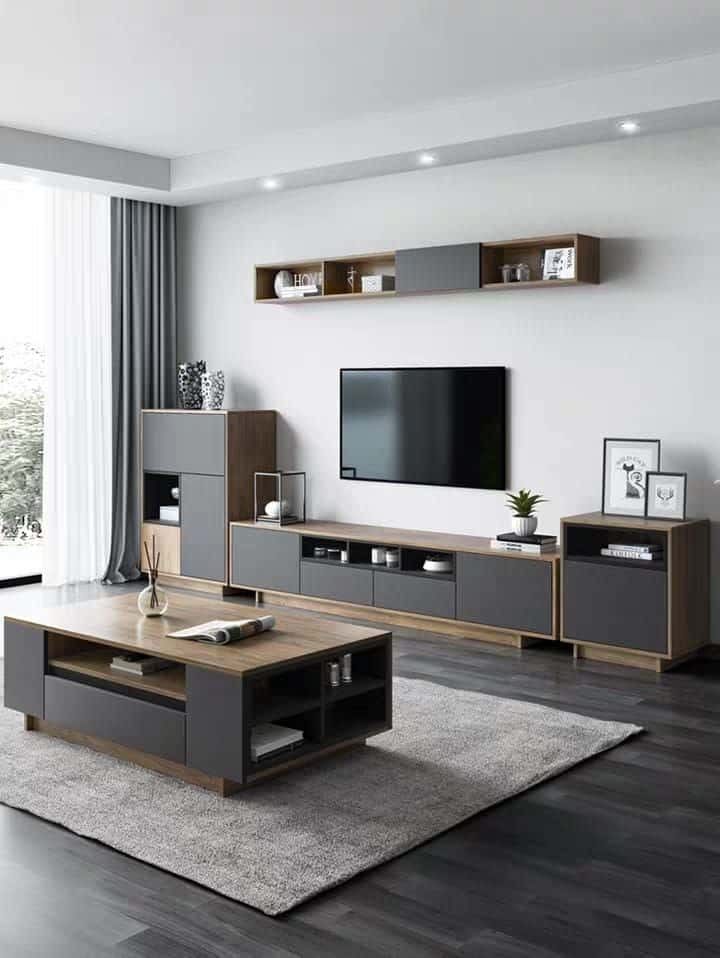 Consider matchings sets with coffee tables and TV stands that come in the same color for a unified look.