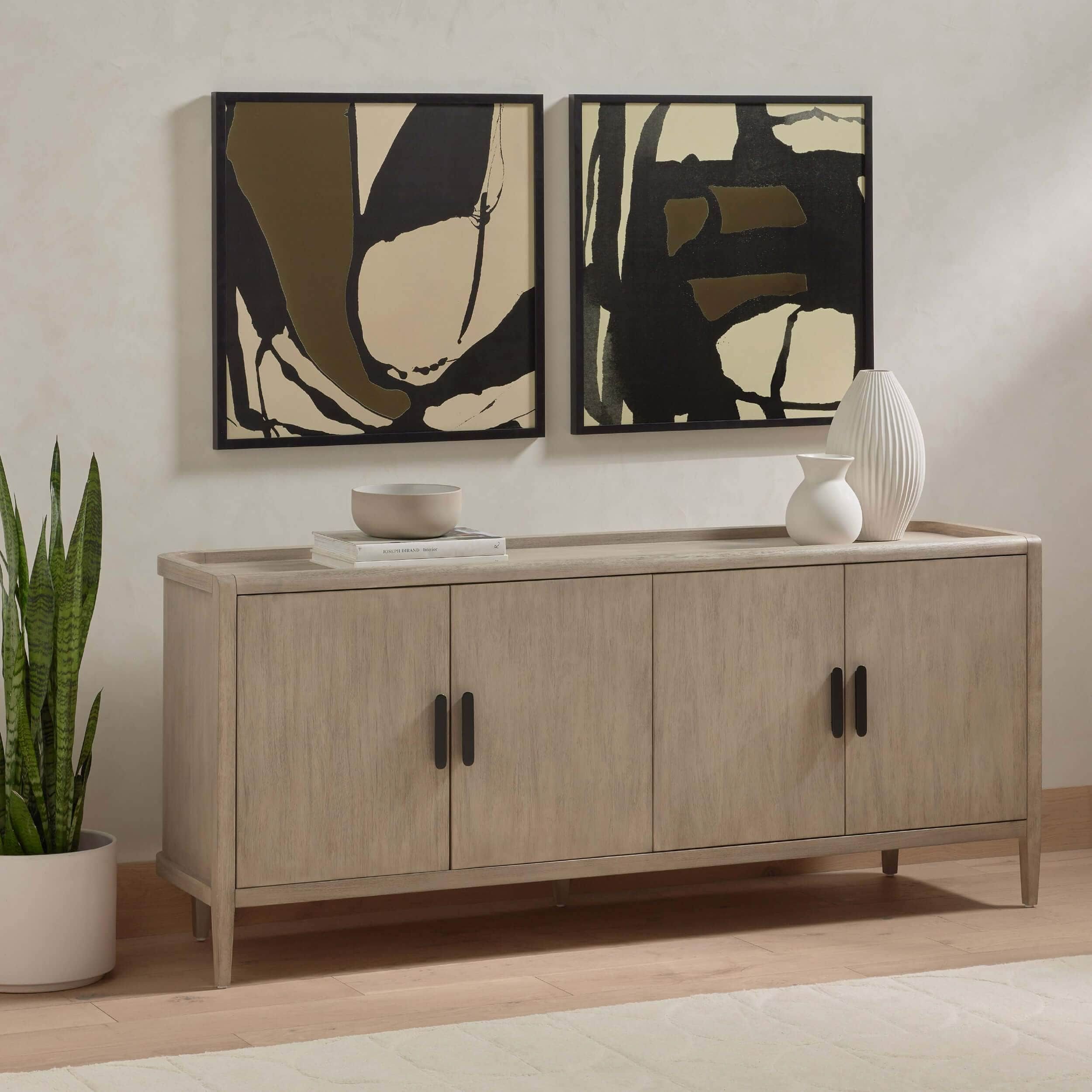 Add a few decorative pieces, such as vases, baskets, or trays, to give the media console some personality.