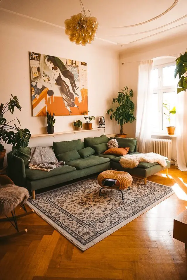 Draw attention away from your orange wood flooring by choosing a strong theme and design style