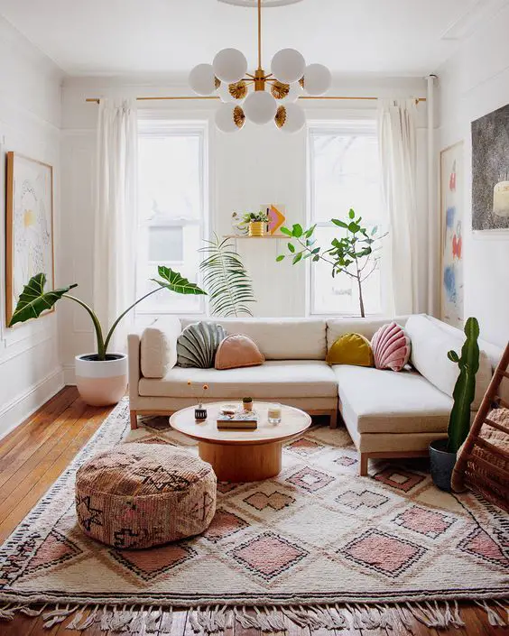 Look for rugs with an abstract pattern to create visual interest without disrupting the open-floor plan flow.