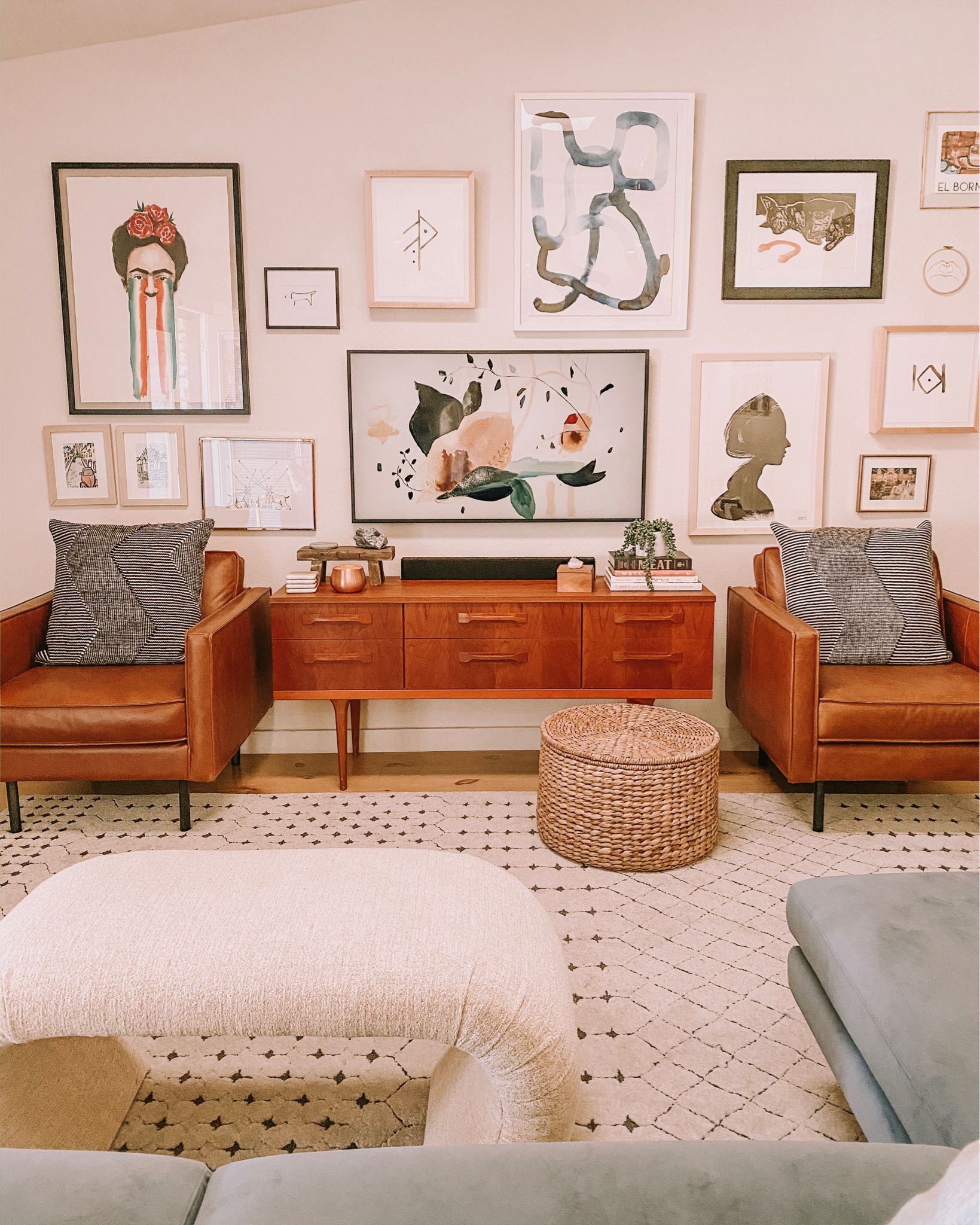 Incorporating texture can also be beautiful – pair a glossy coffee table with a textured TV stand!