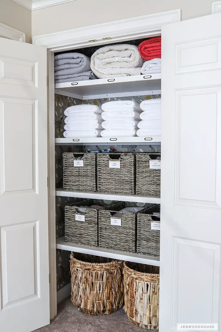 Labeling baskets is one great way to organize and locate items in smaller storage spaces.