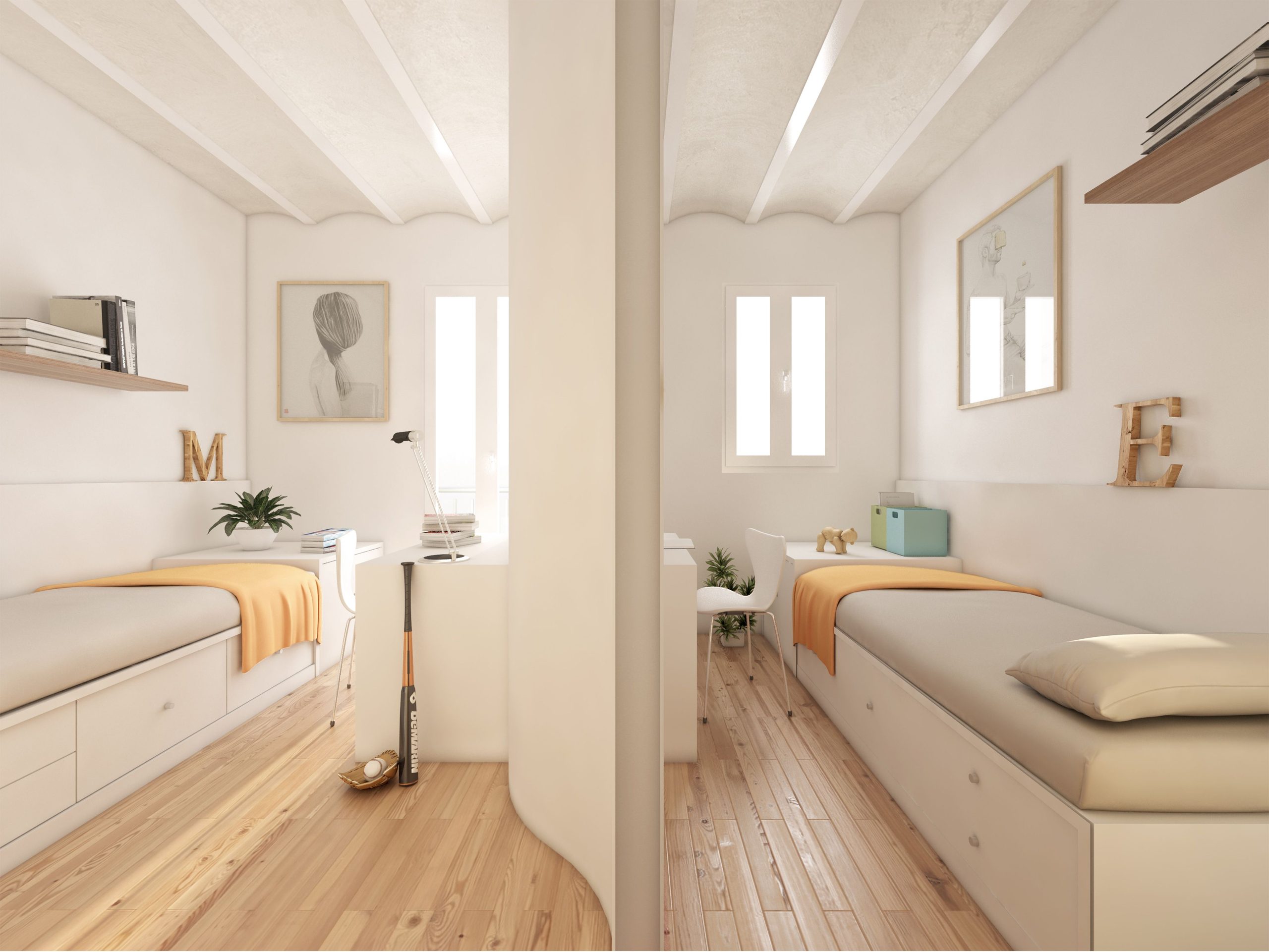 Assess the shared room size and design a plan to divide it.