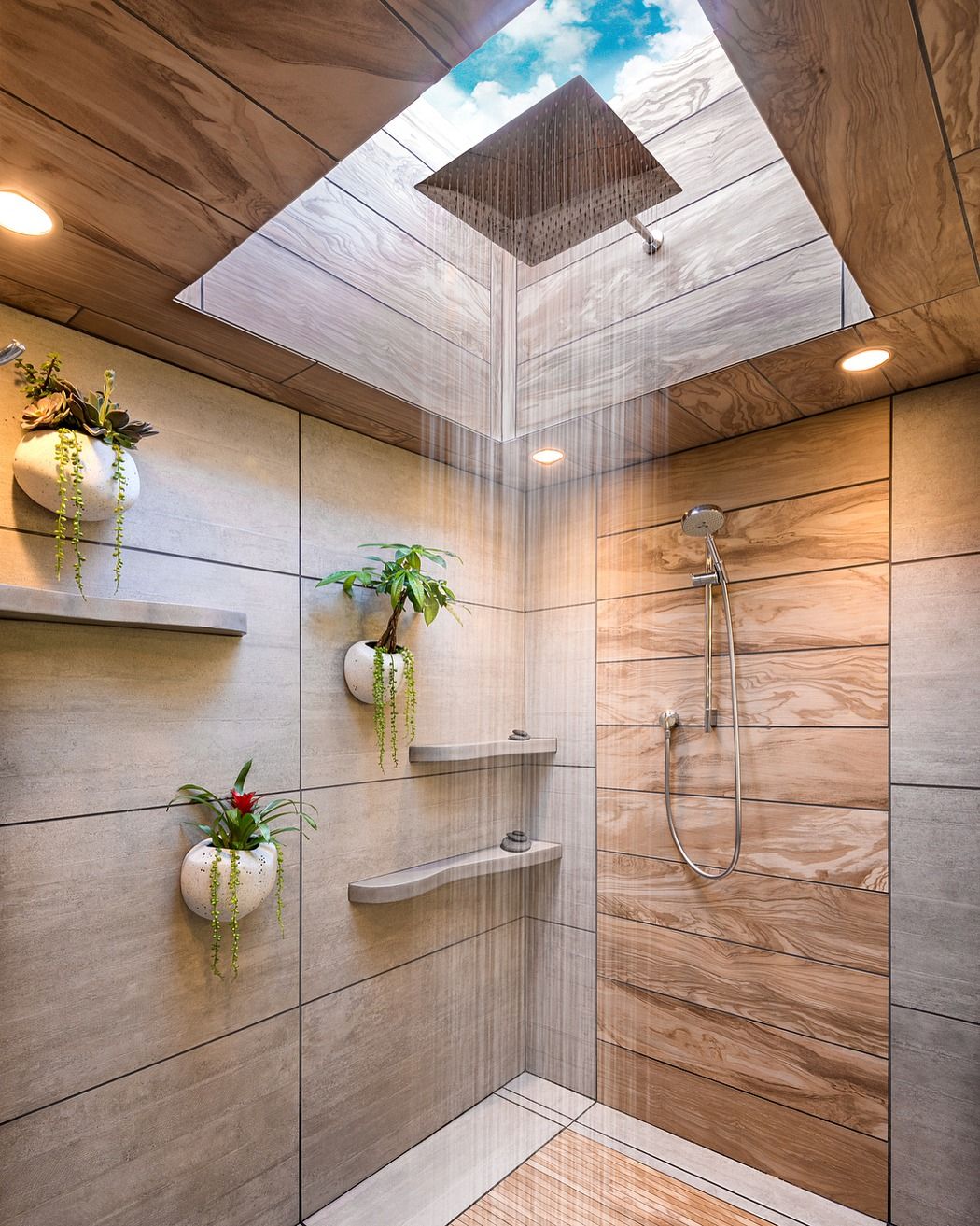 Include houseplants to bring nature into the shower; this will help purify the air and provide a feeling of calmness.