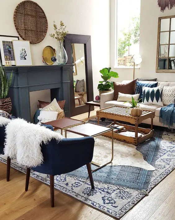Select one patterned and one solid rug to create balance, creating a dynamic blend of colors and shapes.