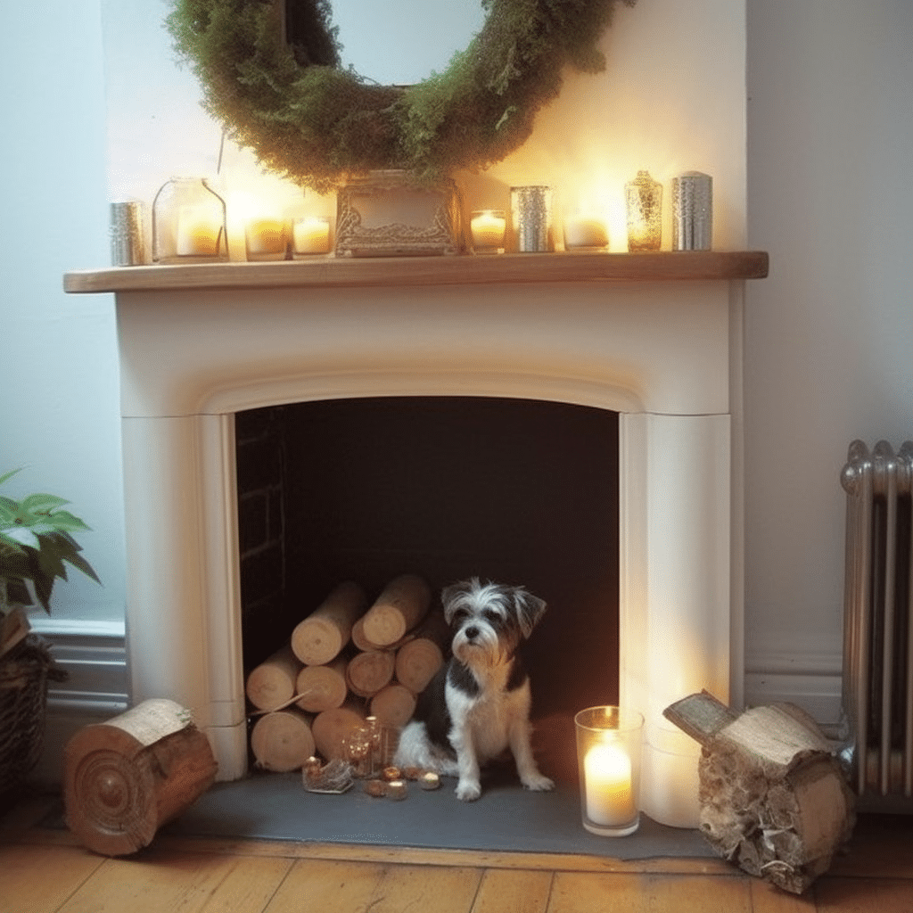 What are some creative ways to use artwork or sculptures when decorating my empty fireplace?