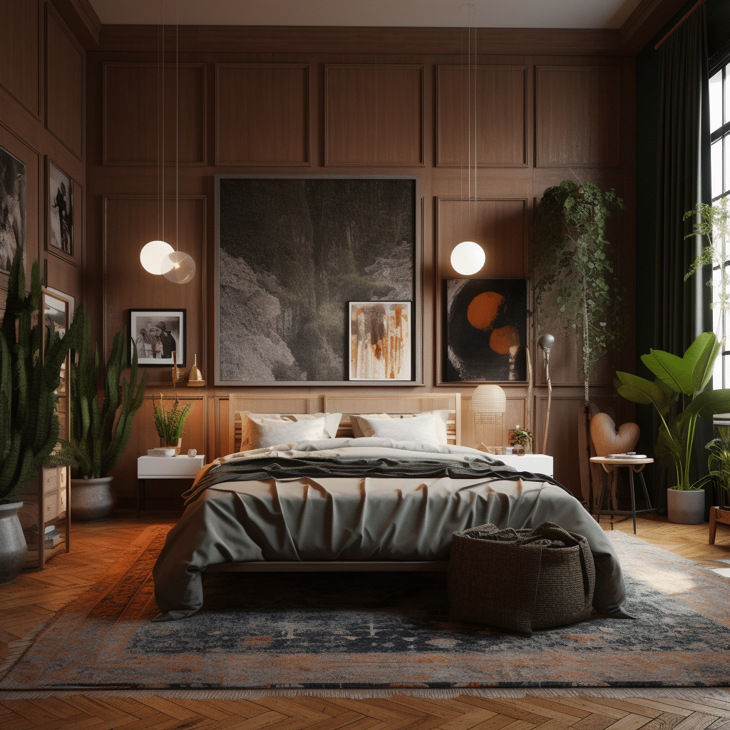 Enhancing Wood-Paneled Rooms with Earthy Colors: Streamlining Your Space with Harmonious Tones