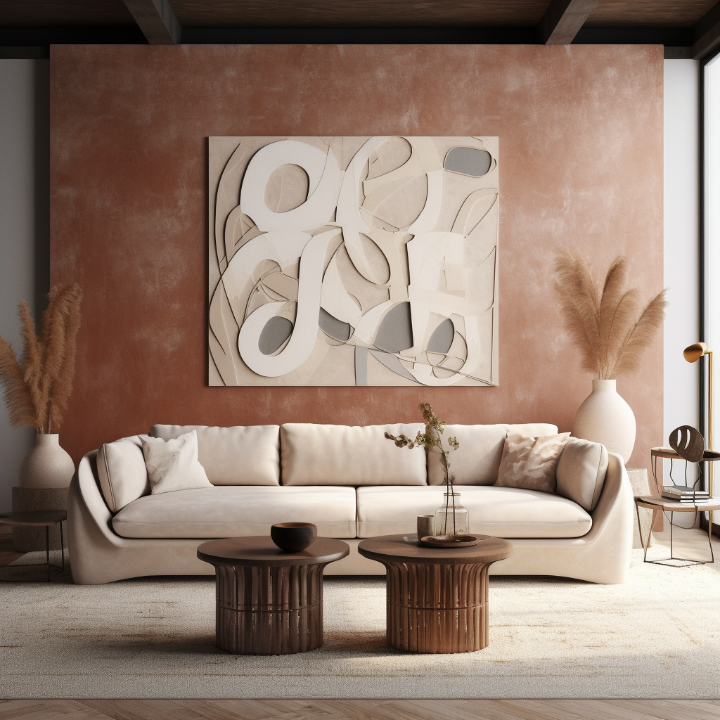 Can you suggest some themes or trends in decorating a large wall space over the couch in a modern home?