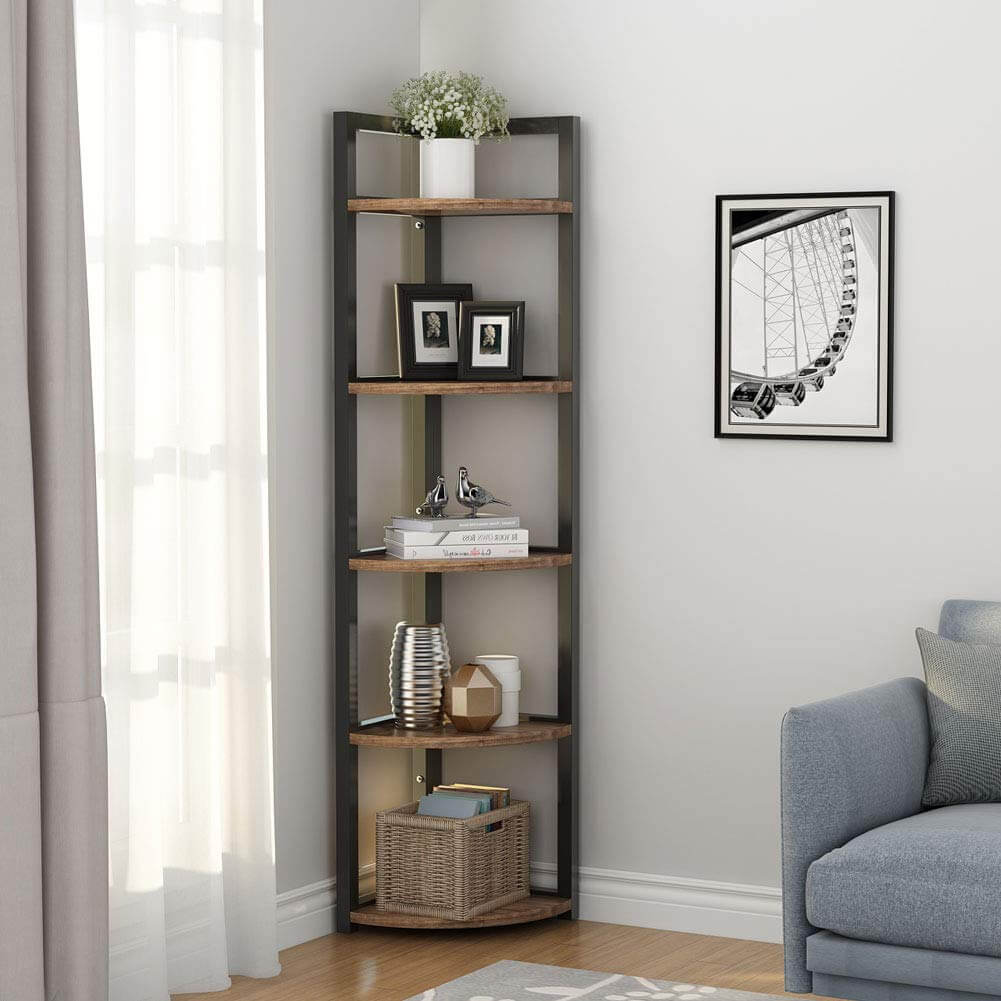 I have an empty corner in my bedroom. Can you suggest some ways to make it functional and aesthetic with shelving?