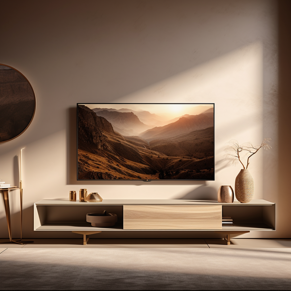 I love the rustic farmhouse style. Can you provide some guidance on how to decorate a TV stand to fit into this aesthetic?