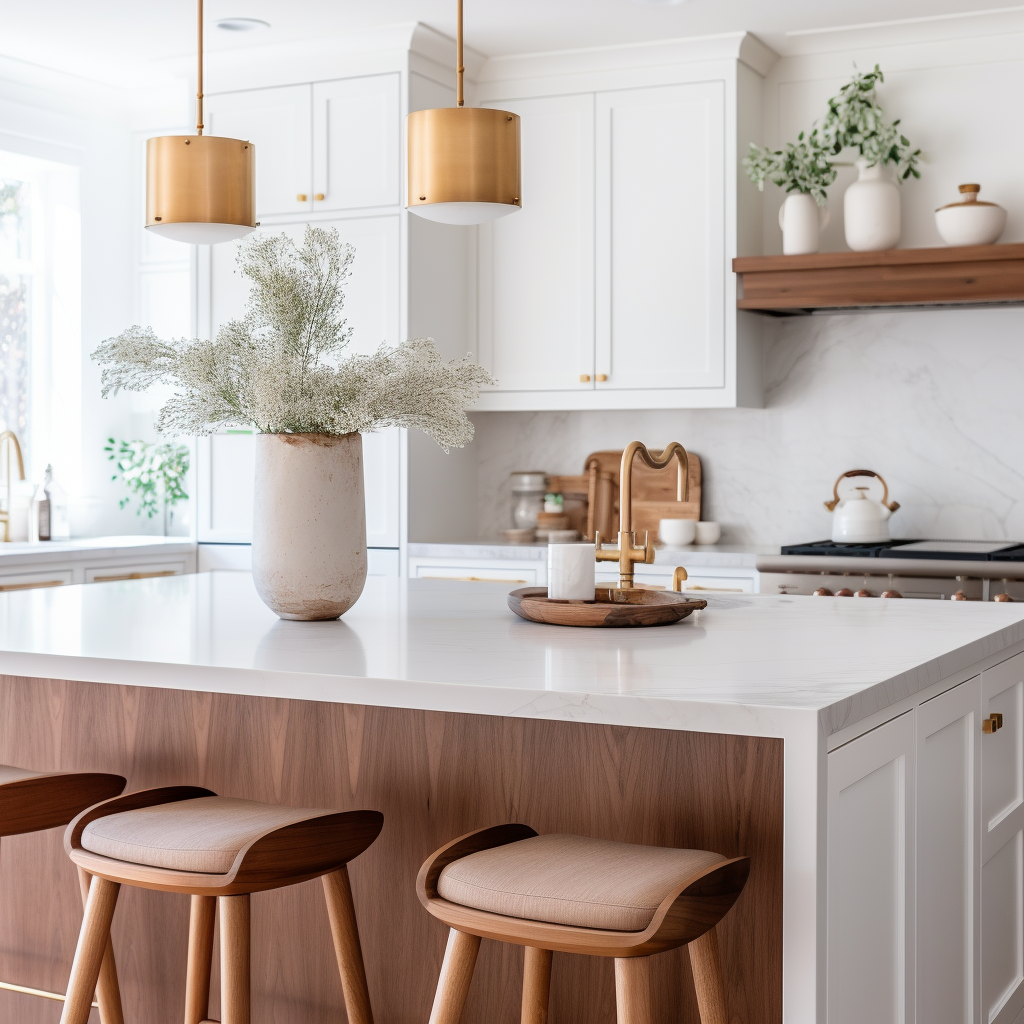 Can you suggest ways to make an all-white kitchen feel warm without adding overwhelming amounts of color?