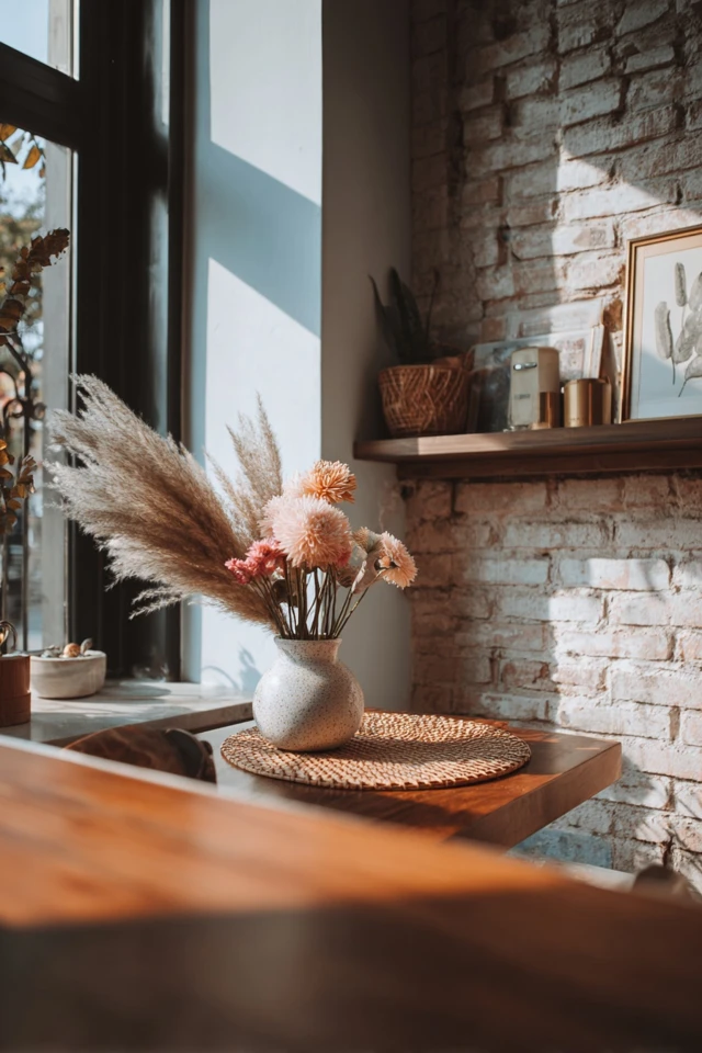 Living room with an exposed interior brick wall as the main backdrop