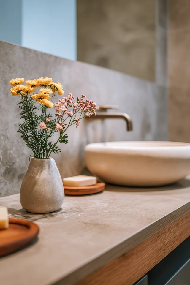 Apartment bathroom with simple decor, mirror and neutral towels styled for a rental