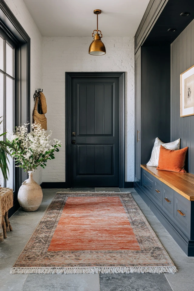 Small farmhouse entryway with wall hooks, shelf and bench for storing coats and shoes
