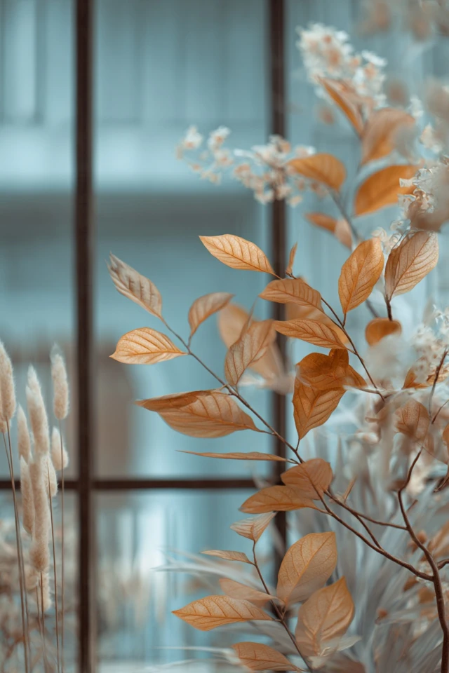 Greenhouse interior with shelves of potted plants lit by natural daylight through glass panes