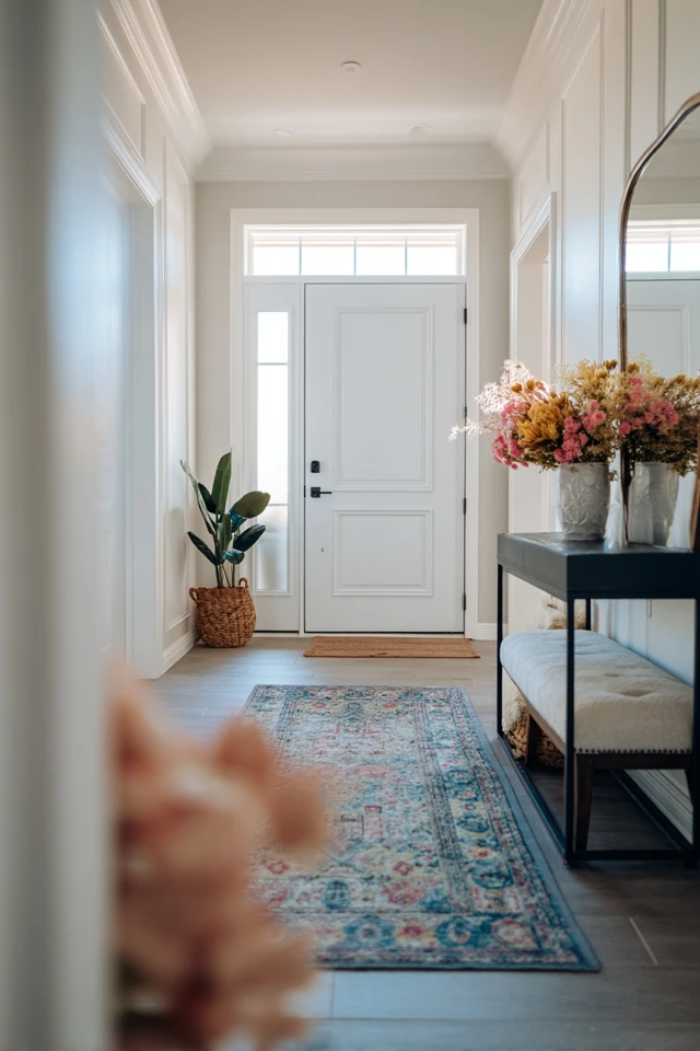 Narrow entryway styled with a tall mirror to make the small space feel larger