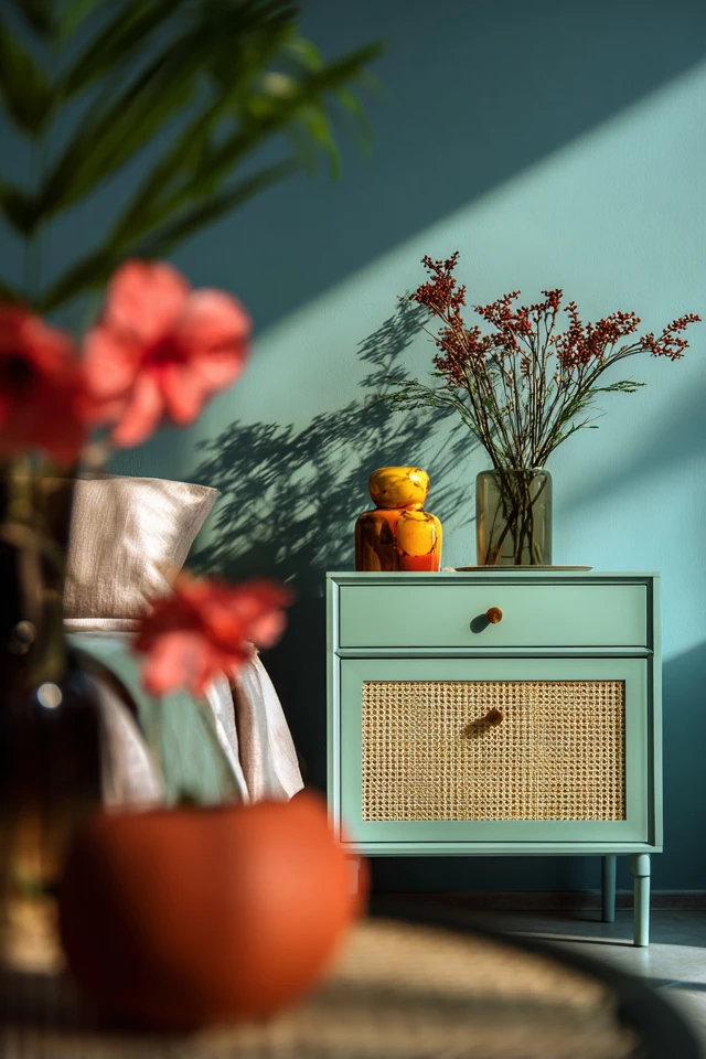 Bedside table in a bedroom styled with decor and a lamp
