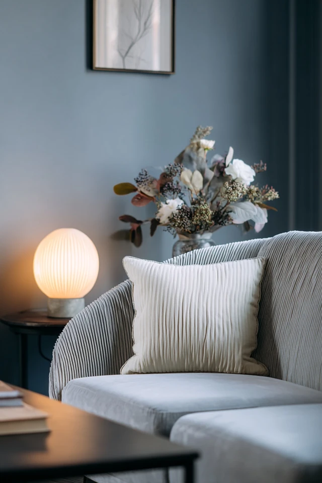 Living room with a light grey couch and layered pillows and throw