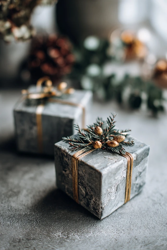 Handmade DIY Christmas boxes wrapped in paper and ribbon displayed as holiday decor