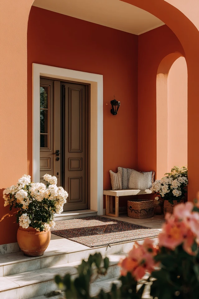 Burnt orange front door paired with neutral exterior surroundings and entry details