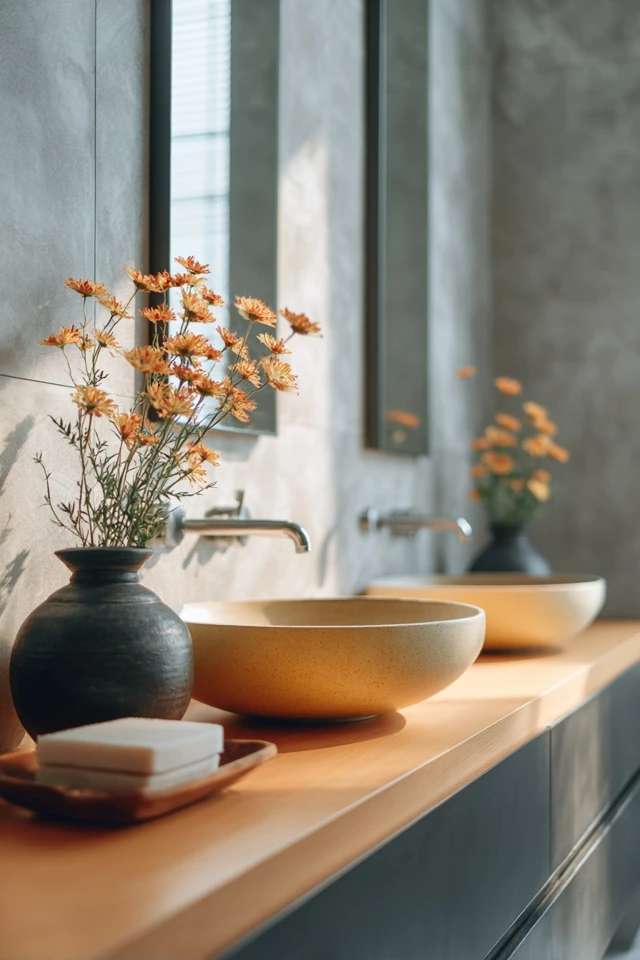 Calm Japanese-inspired bathroom with natural materials and soft light