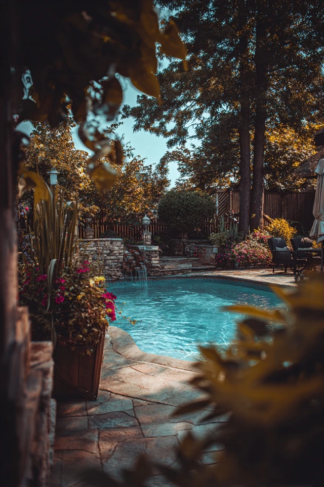 Backyard pond with a lined basin and rocks around the edge