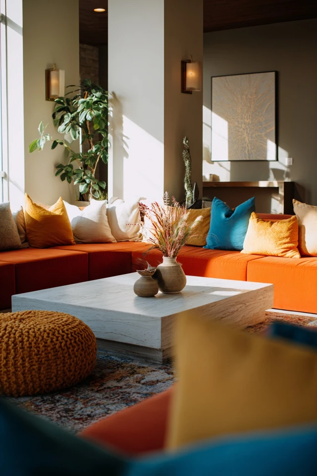Living room with low seating arranged around a central table, a conversation pit style layout