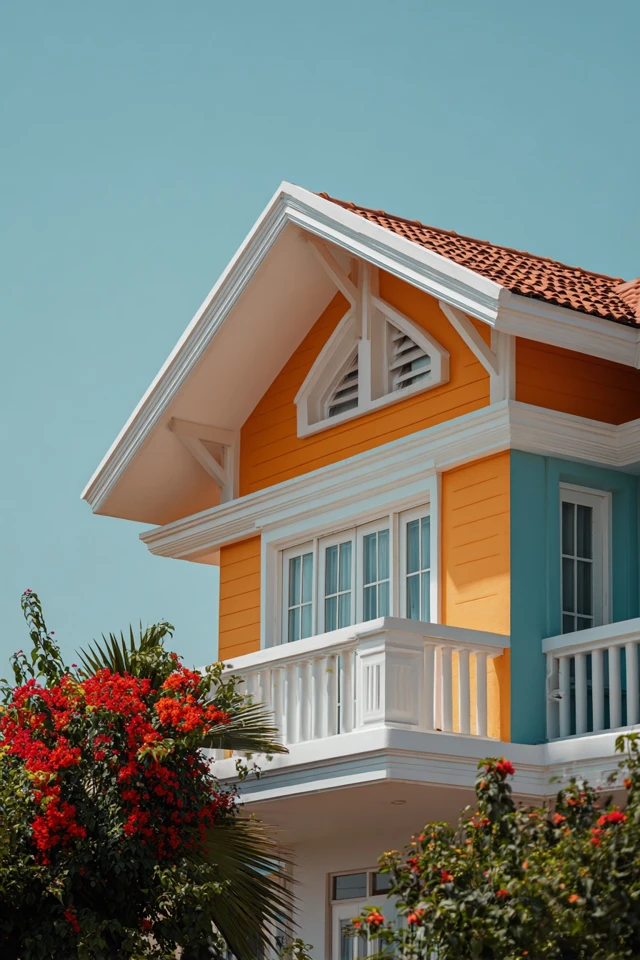 Home with a gable roof and gable end detailing seen from the front
