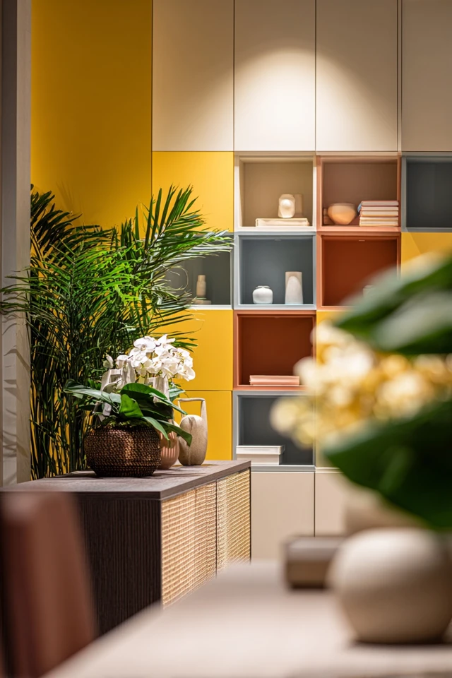 Wall-mounted shelves in a home office holding books and storage boxes