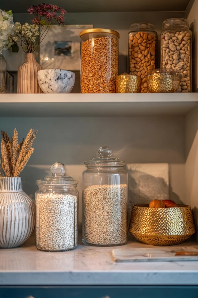Pantry shelving with stacked containers and baskets for small pantry storage