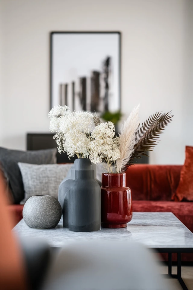 Rustic living room with warm wood tones and layered natural textiles