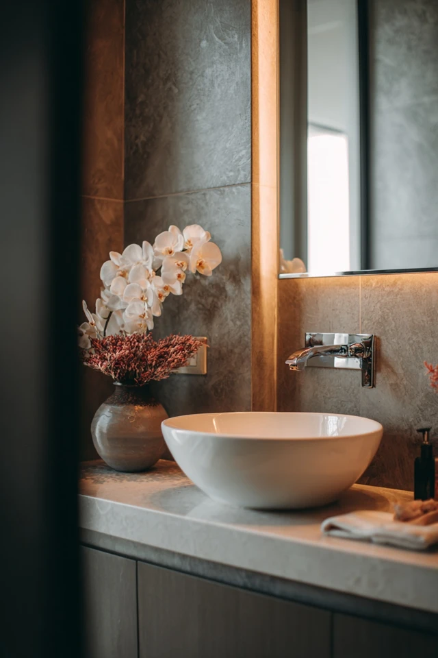 Apartment bathroom with simple decor, towels and plants arranged in a compact space