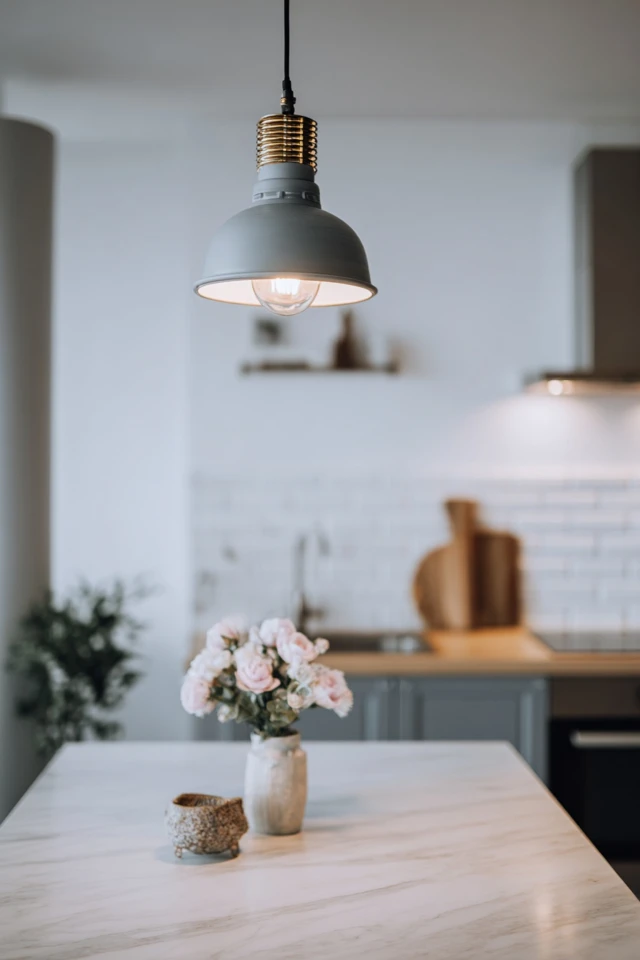 Shabby chic kitchen detail showing cabinets and decor in a soft vintage style